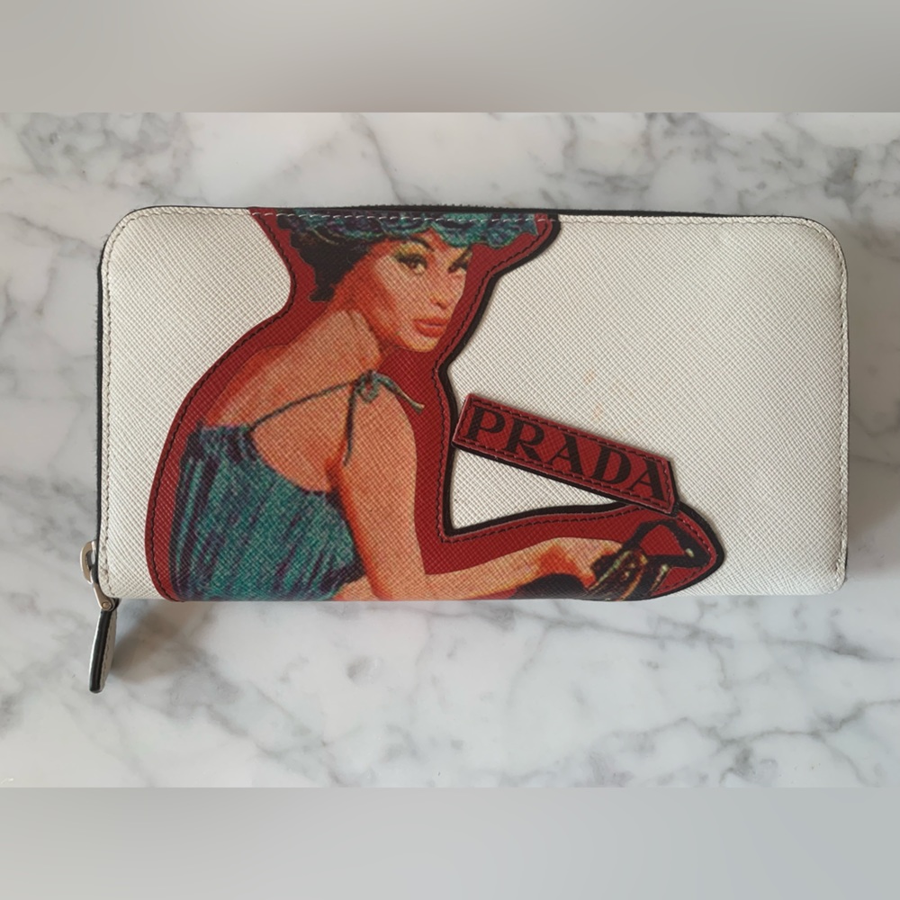 Prada 2017 Limited Edition Patch Cream Saffiano Leather Large Zip Wallet